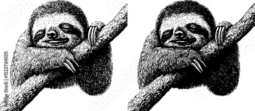 Engraved illustration of sleepy sloth hanging on tree branch