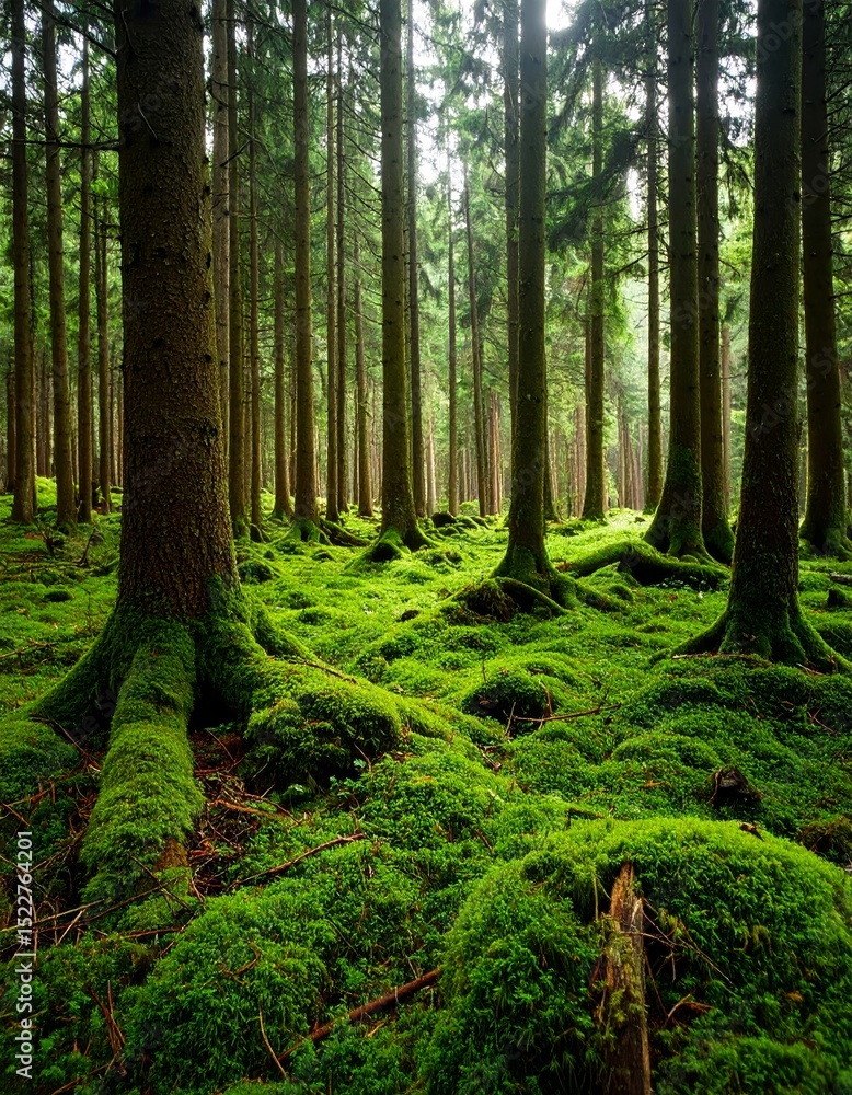 Obraz premium Magic beauty of green forest nature trees covered with moss