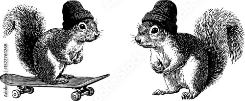 Whimsical squirrels with beanies: engraved illustration set for creative design