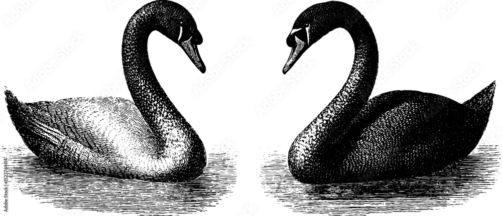 Naklejka premium Elegant swans with arched necks in detailed engraved illustration set