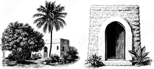 Engraved illustration set of swahili architecture featuring coral stone structures