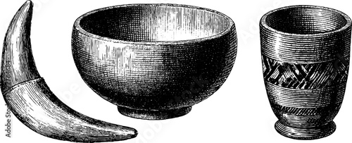 Vintage tribal art engraving of carved bowls and cups for cultural decor and design