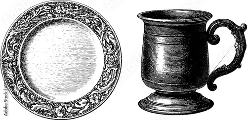 Engraved tudor pewter tankard and decorative plate design for historical art and collectibles
