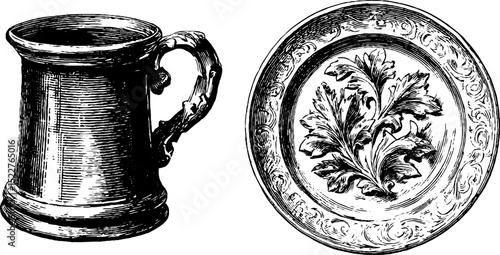 Engraved tudor pewter tankard and decorative plate set for historical design
