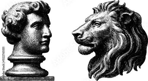 Tudor era engraved illustrations featuring wooden animal and human busts