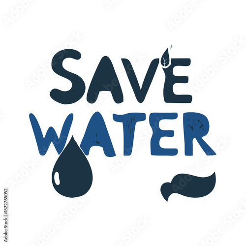 Save water text design with droplets and waves in blue tones  