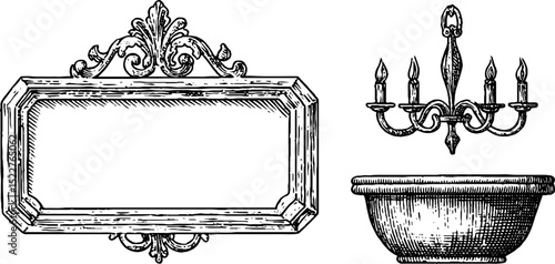 Engraved tudor wooden picture frames and antique chandeliers for vintage design