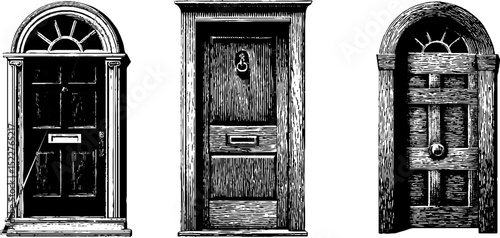 Antique victorian door set engraving - vintage architectural design for historical decor