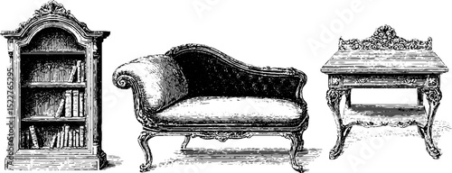 Victorian furniture engravings set featuring fainting couch and decor elements
