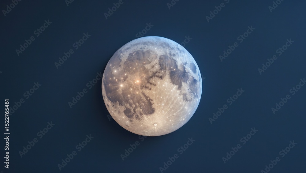 Floating detailed moon-like sphere in dark blue design space, with glowing crater network nodes Floating detailed moon-like sphere in dark blue design space, with glowing crater network nodes