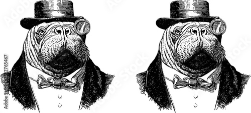 Vintage engraved walrus illustration with monocle and top hat - victorian animal art set