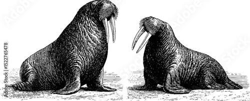 Vintage engraved walrus illustration set featuring majestic tusks for artistic and educational design