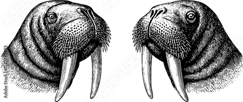 Engraved walrus illustration set with detailed tusk depictions for art and design
