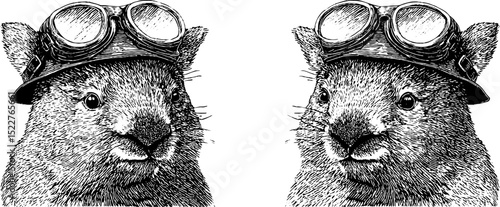 Engraved wombat dressed as aviator conceptual art illustration set