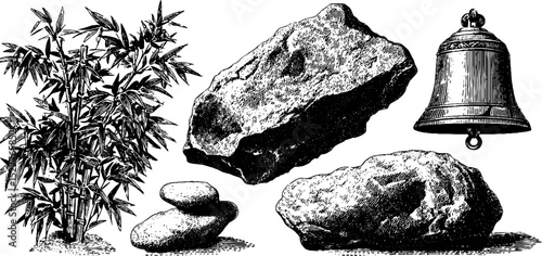 Engraved zen garden elements featuring rocks, bamboo, and bell for tranquility and design