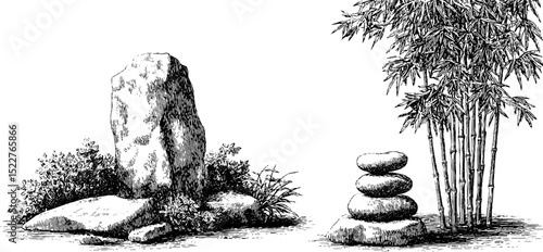 Engraved zen garden rocks and bamboo illustration for tranquil design concepts