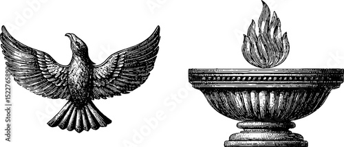 Engraved zoroastrian symbols with winged eagle and sacred fire altar for cultural design