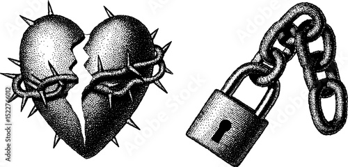 Vintage engraved barbed heart and lock design for romantic and emotional themes