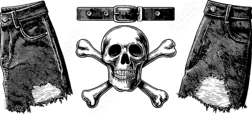 Vintage engraved set with bullet belt, skull, and crossbones for design