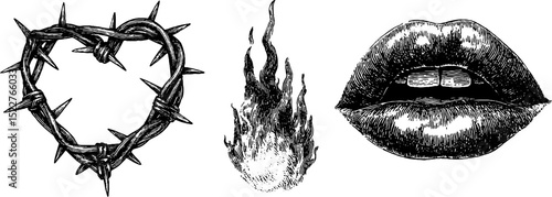 Engraved artwork of barbed heart, flame, and lips - design for creative projects