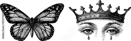 Engraved art of butterfly wings and crown with eyes