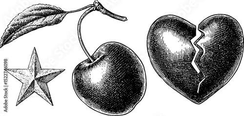 Vintage engraved illustration set featuring cherry, star, and broken heart for artistic design
