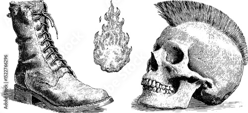 Engraved set illustration of gothic boots, flame, and skull with mohawk for artistic design