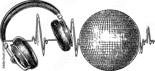 Engraved artwork of headphones and mirror ball with sound wave for music enthusiasts