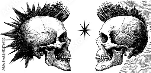 Intricate skull art set featuring mohawk designs and bull elements for tattoo inspiration