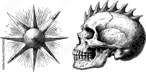 Engraved set of mohawk skull and bull with star elements for decorative design