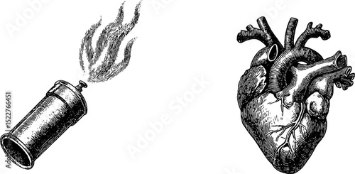 Engraved set illustration of molotov and anatomical heart symbolizing chaos and rebellion