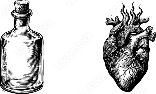 Engraved set illustration featuring molotov bottle and heart symbolizing chaos and emotional conflict