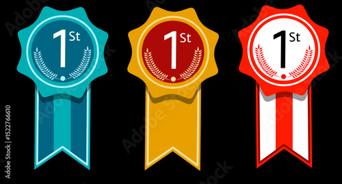 Illustration of medal or award with laurel wreath, text frame, border and other decorations. No branding or company name. Open path available. 1st Sports Award three medals isolated on black backgroun