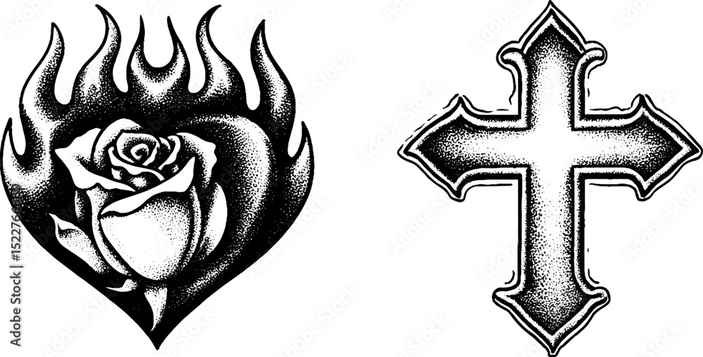 Fototapeta premium Engraved tribal heart with rose and cross design for tattoo inspiration