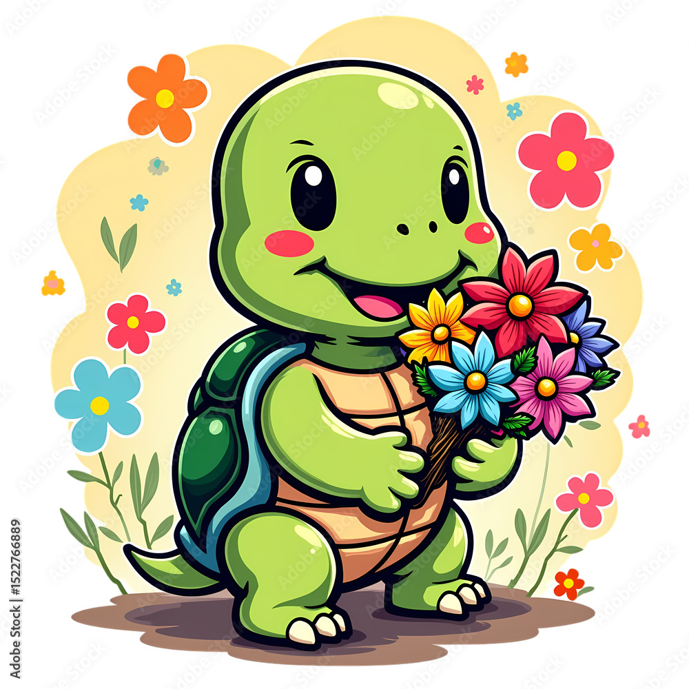 Obraz premium Adorable Cartoon Turtle Holding Colorful Flowers in a Springtime Setting with a Cheerful Expression cute cartoon