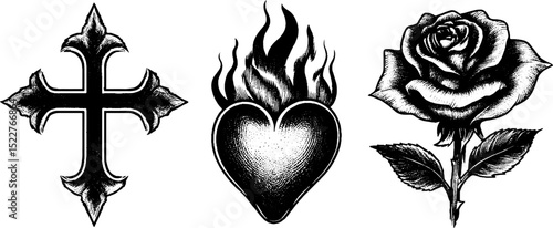 Engraved tribal cross, flaming heart, and rose design for tattoo inspiration