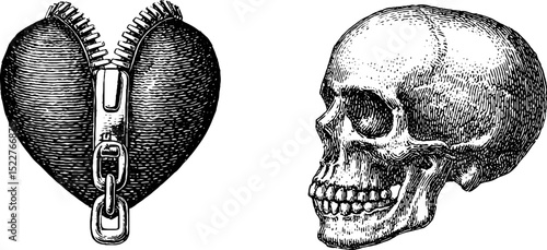 Engraved illustration of zipper heart and skull with punk theme