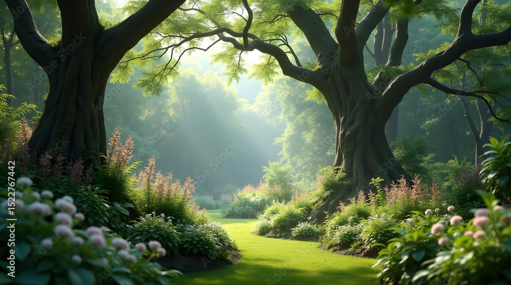Fototapeta premium Enchanting forest path with sunlight filtering through trees, creating a serene and inviting atmosphere. Ideal for nature, travel, or inspirational projects.