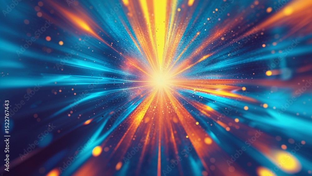 Naklejka premium Radiating central light burst sending streaks across abstract virtual space, with glowing particles