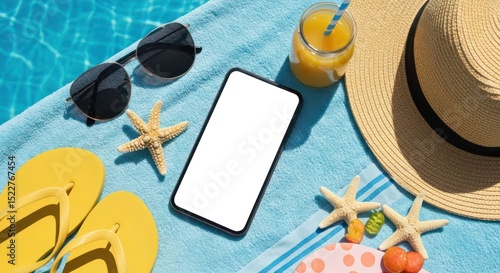Summer vacation essentials with smartphone mockup by the pool and beach accessories