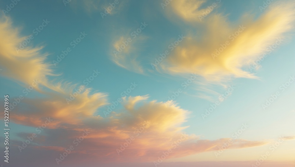 Fototapeta premium Glowing wispy clouds spreading across open sky at sunset, displaying warm golden and pink hues