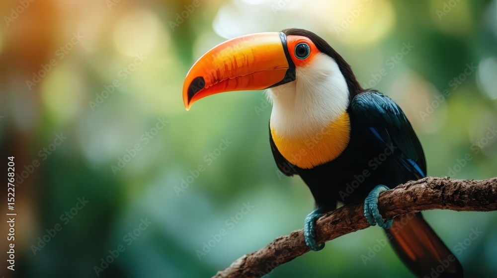 Naklejka premium A vivid toucan resting on a branch amidst lush greenery, showcasing its brightly colored beak, capturing wildlife's beauty, vibrancy, and the wonders of nature's diversity.