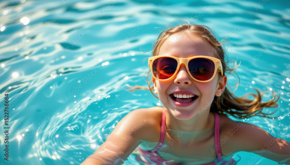 Fototapeta premium Cheerful girl swimming in pool, wearing sunglasses, enjoying sunny day, with water splashing around her