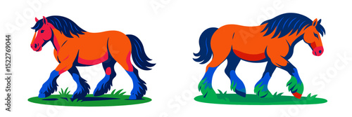 Colorful illustrations of horses walking in a grassy area during daytime