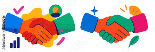 Hands shaking in a colorful graphic representing collaboration and agreement in a business setting during modern times