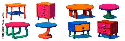 Colorful modern furniture collection featuring various tables and drawers in playful designs for contemporary interiors