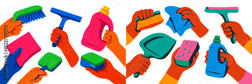 Brightly colored hands engaged in cleaning tasks with various tools during a cleaning activity in a cheerful indoor setting