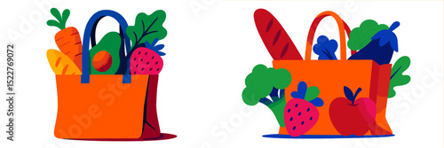 Colorful grocery bags filled with fresh fruits and vegetables displayed on a plain background