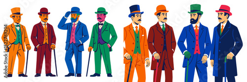 Men dressed in vibrant vintage suits socialize at an outdoor gathering in an urban setting during daylight hours