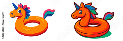 Colorful unicorn pool floats in bright orange with rainbow accents ready for summer fun at the beach